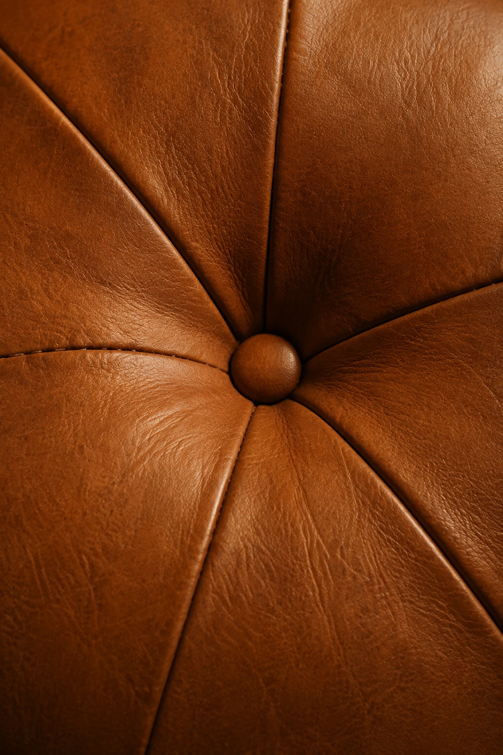 Detail koňakově hnědého koženého čalounění s potaženým knoflíkem