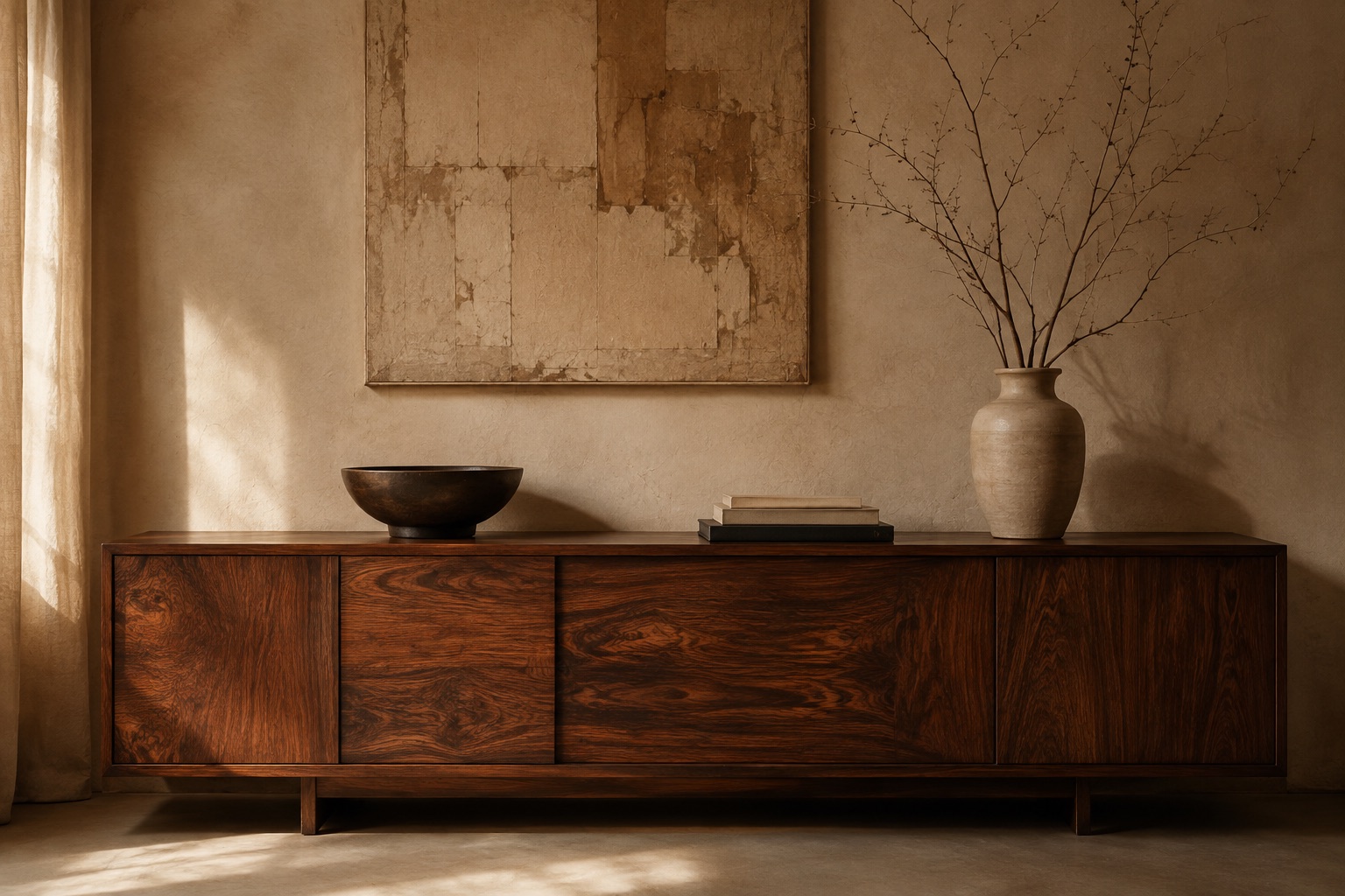 Rosewood credenza beneath an abstract artwork