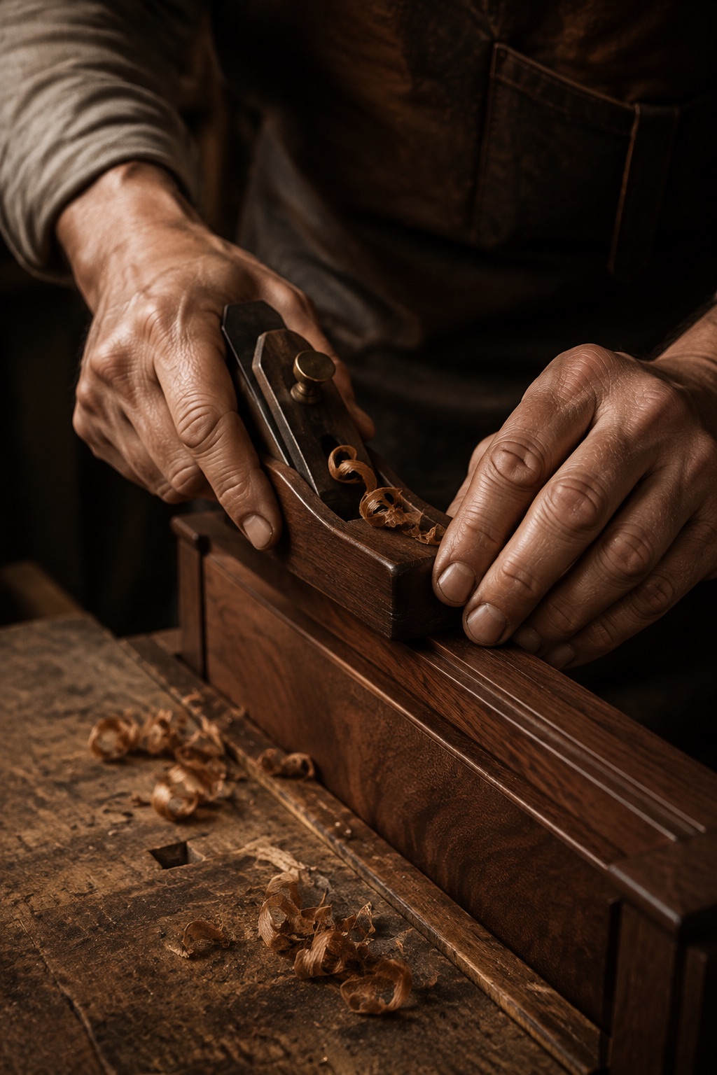 Craftsperson hand-planing walnut