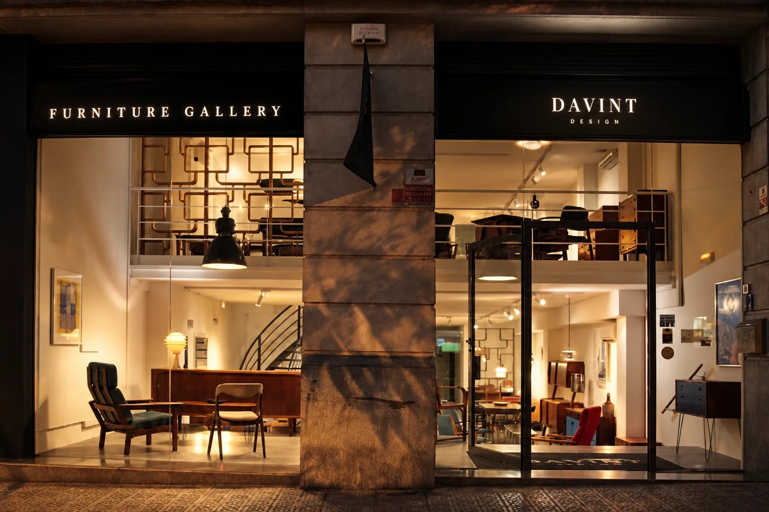 The illuminated DAVINT Design furniture gallery storefront in Barcelona