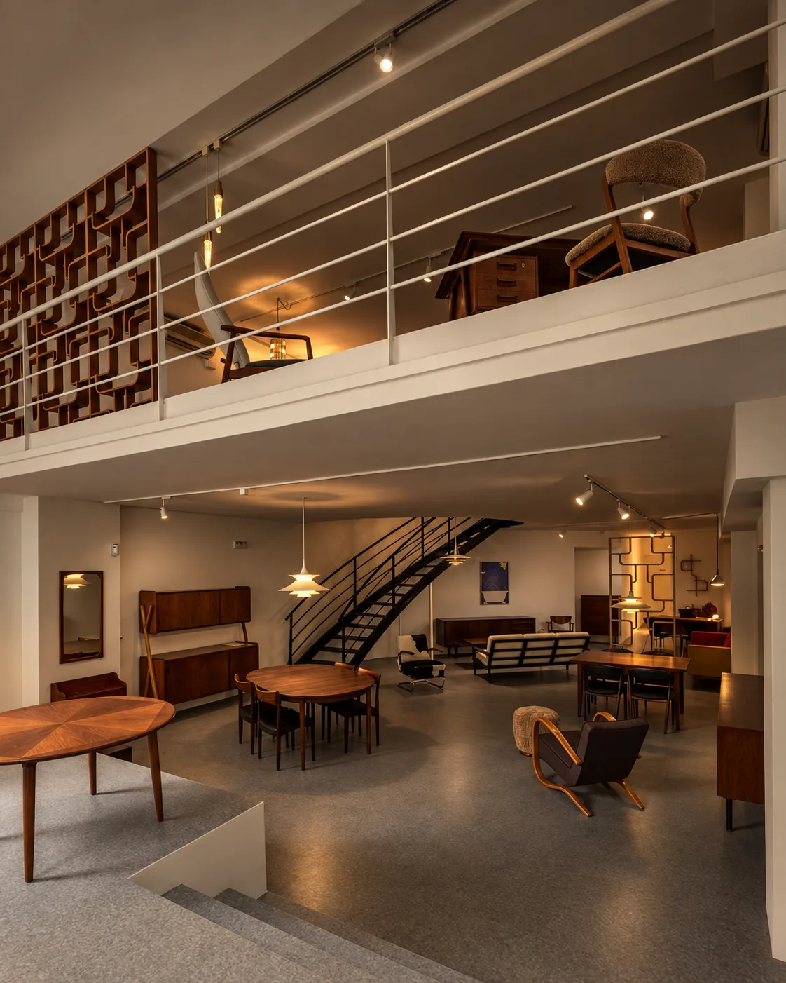 The open-plan Barcelona gallery displaying mid-century furniture