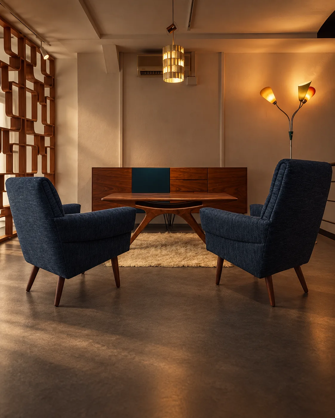 Pair of blue lounge chairs in the Barcelona gallery