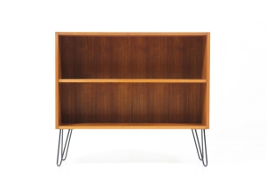 Article #: CZ2016324 Designer: Unidentified Producer: Unidentified Model: Unidentified Year: 1960’s Dimensions: H 77 W 87,5 D 27 cm Origin: Denmark Location: Central warehouse, Czechia Price: € 270   Original medium shelf rack / bookcase in teak featuring adjustable shelf inside. The item has been redesigned with minimalist iron leg base. Carefully restored, very good condition.