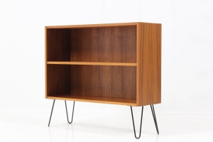 Article #: CZ2016324 Designer: Unidentified Producer: Unidentified Model: Unidentified Year: 1960’s Dimensions: H 77 W 87,5 D 27 cm Origin: Denmark Location: Central warehouse, Czechia Price: € 270   Original medium shelf rack / bookcase in teak featuring adjustable shelf inside. The item has been redesigned with minimalist iron leg base. Carefully restored, very good condition.